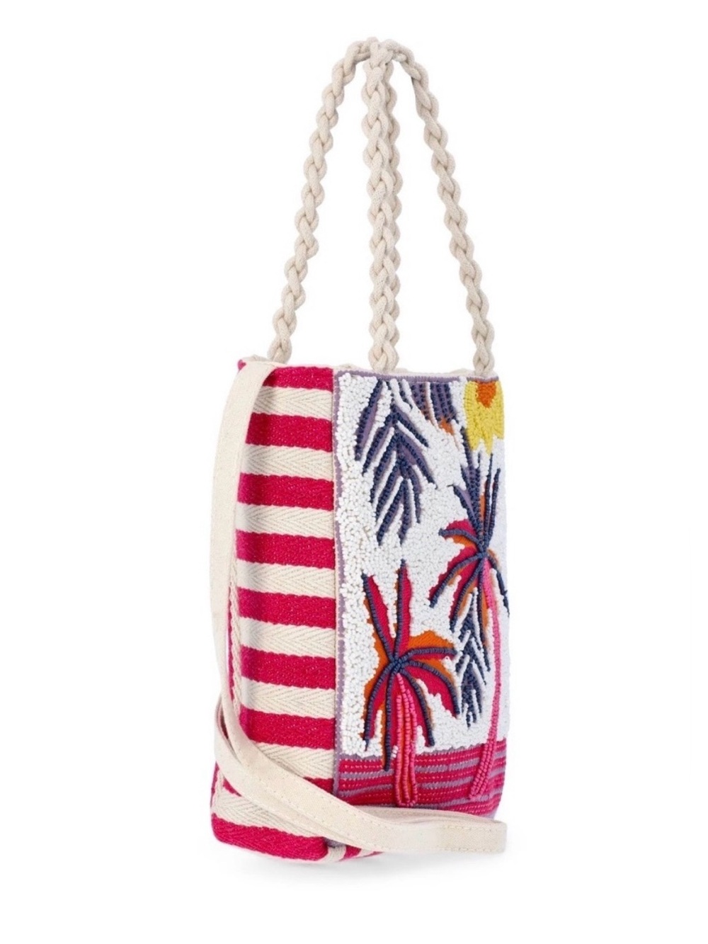 Beaded Tropical Palm Tote Bag - Pink & Cream - Picture 3 of 6